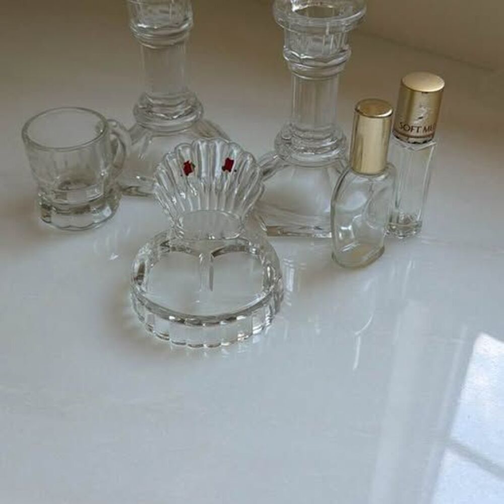 Vintage Glass Bundle Candle stick holder glass Shell DishMini MugPerfume Bottles